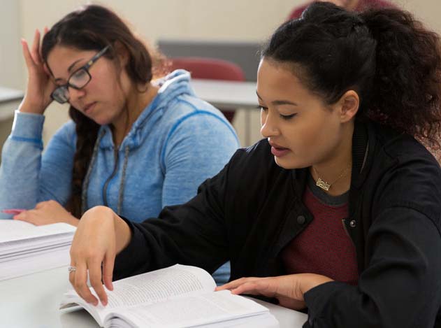 Photo of two students reading textbooks in a Political Science class